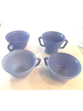 Vintage Hazel-Atlas Moderntone Platonite Sugar Bowl And 3 Tea Cups Blue